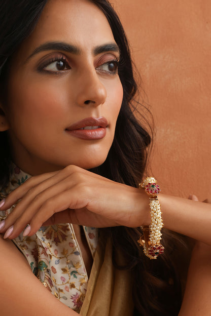 Gold Finish Multi-Colored Kundan Polki Handmade Jadau Openable Bangle