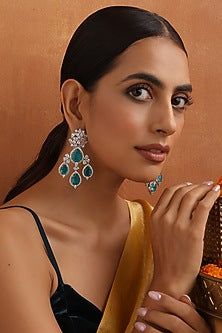White Finish Teal Zircon Handmade Dangler Earrings