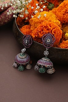 Black Rhodium Finish Multi-Colored Zircon Handmade Jhumka Earrings