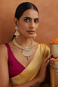 Gold Finish Kundan Polki Handmade Temple Necklace Set