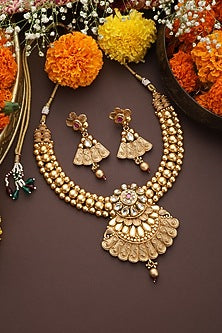 Gold Finish Kundan Polki Handmade Temple Necklace Set