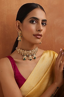 Gold Finish Green Stone Handmade Temple Choker Necklace Set