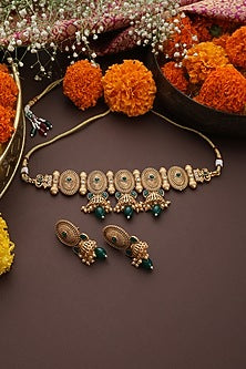 Gold Finish Green Stone Handmade Temple Choker Necklace Set