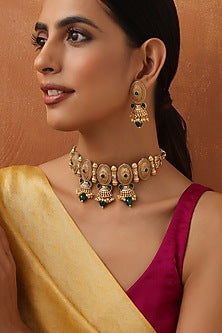 Gold Finish Green Stone Handmade Temple Choker Necklace Set