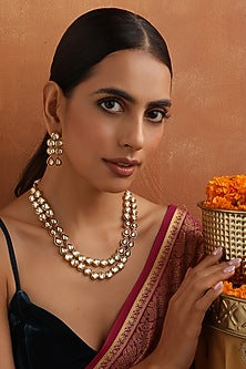 Gold Finish Red Kundan Polki Handmade Long Necklace Set