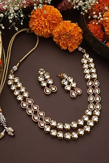Gold Finish Red Kundan Polki Handmade Long Necklace Set