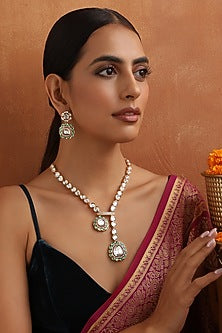 Rose Gold Finish Kundan Polki & Green Stone Handmade Long Necklace Set