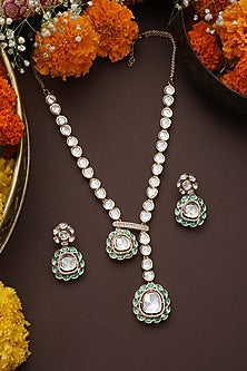 Rose Gold Finish Kundan Polki & Green Stone Handmade Long Necklace Set