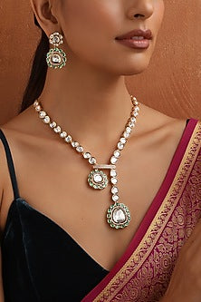 Rose Gold Finish Kundan Polki & Green Stone Handmade Long Necklace Set
