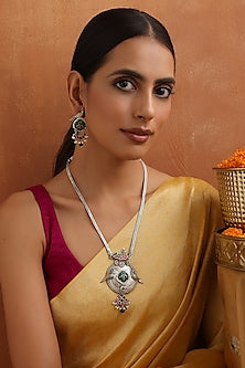 Silver Finish Kundan Polki Handmade Long Pendant Necklace Set