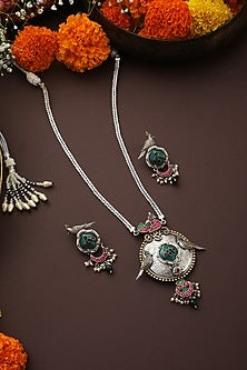 Silver Finish Kundan Polki Handmade Long Pendant Necklace Set