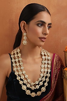 Gold Finish Kundan Polki Handmade Long Necklace Set