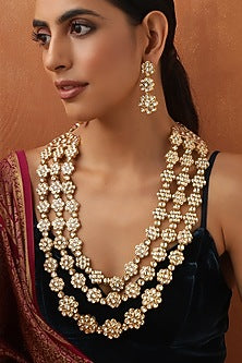 Gold Finish Kundan Polki Handmade Long Necklace Set