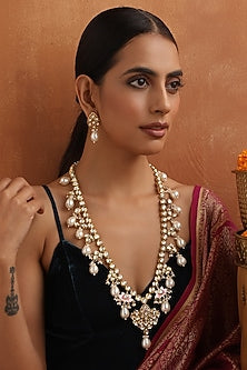 Gold Finish Red Kundan Polki Handmade Long Necklace Set