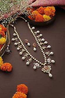 Gold Finish Red Kundan Polki Handmade Long Necklace Set