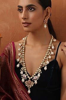 Gold Finish Red Kundan Polki Handmade Long Necklace Set