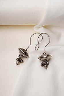 Oxidised Silver Finish Curved Hook Ball Dangler Earrings In Sterling Silver