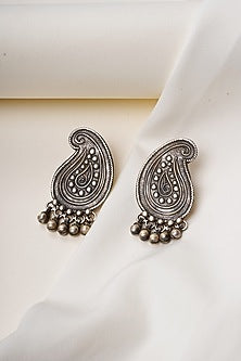 Oxidised Silver Finish Ghungroo Beads Paisley Stud Earrings In Sterling Silver