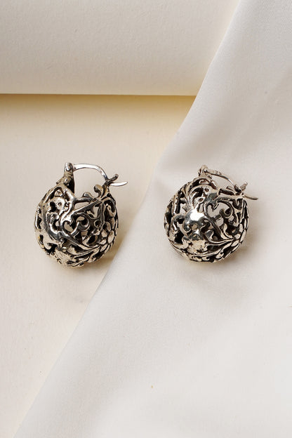 Oxidised Silver Finish Jali Work Floral Drop Earrings In Sterling Silver