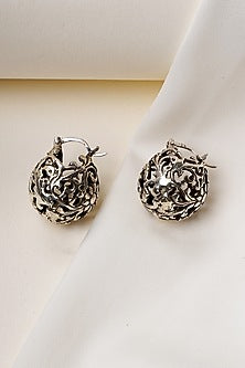 Oxidised Silver Finish Jali Work Floral Drop Earrings In Sterling Silver