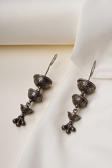 Oxidised Silver Finish Textured Layered Hook Earrings In Sterling Silver