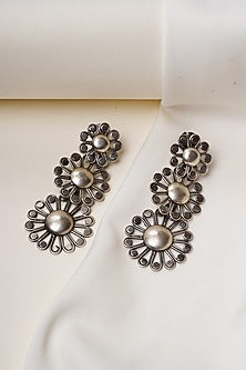 Oxidised Silver Finish Layered Floral Earrings In Sterling Silver