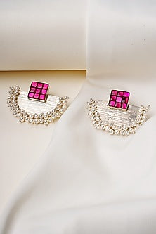 Oxidised Silver Finish Ruby Pink Stone Stud Earrings In Sterling Silver