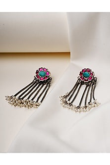 Oxidised Silver Finish Turquoise Stone Dangler Earrings In Sterling Silver