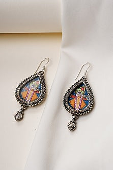Oxidised Silver Finish Handpainted Shreenathji Dangler Earrings In Sterling Silver