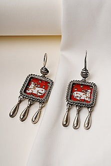 Oxidised Silver Finish Handpainted Kamdhenu Cow Dangler Earrings In Sterling Silver