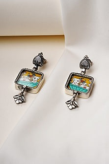 Oxidised Silver Finish Handpainted Kamdhenu Cow Dangler Earrings In Sterling Silver