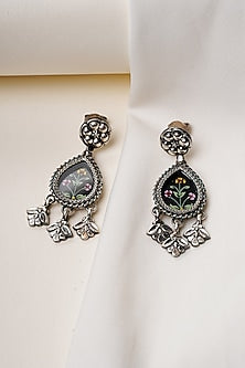 Oxidised Silver Finish Handpainted Pichwai Dangler Earrings In Sterling Silver