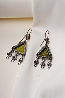 Oxidised Silver Finish Green Handpainted Dangler Earrings In Sterling Silver