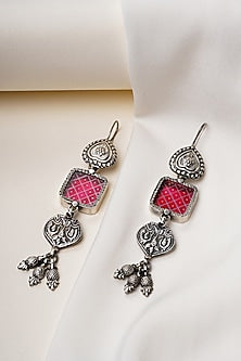 Oxidised Silver Finish Handpainted Pichwai Dangler Earrings In Sterling Silver