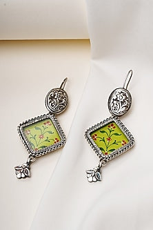 Oxidised Silver Finish Handpainted Pichwai Dangler Earrings In Sterling Silver
