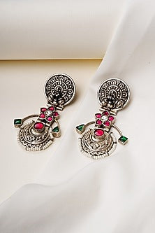 Oxidised Silver Finish Pink Stone Dangler Earrings In Sterling Silver
