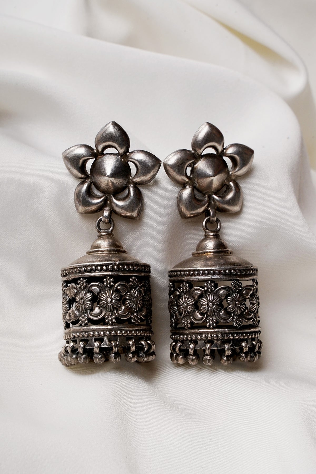 Oxidised Silver Finish Jhumka Earrings In Sterling Silver