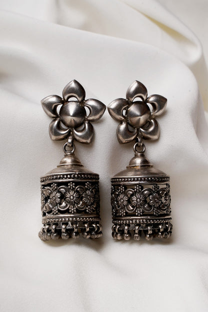Oxidised Silver Finish Jhumka Earrings In Sterling Silver