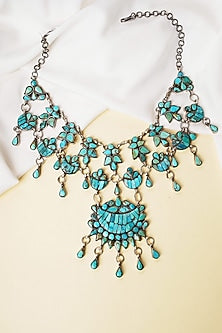 Oxidised Silver Finish Turquoise Stone Handcrafted Long Necklace In Sterling Silver