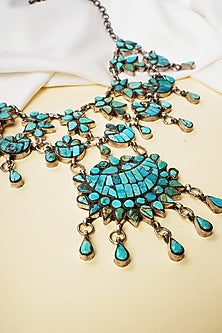 Oxidised Silver Finish Turquoise Stone Handcrafted Long Necklace In Sterling Silver