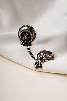 Oxidised Finish Dual Motif Statement Adjustable Ring In Sterling Silver