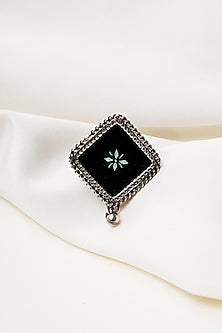 Oxidised Finish Hastkala Hand Painted Adjustable Ring In Sterling Silver