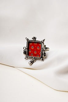 Oxidised Finish Hastkala Hand Painted Adjustable Ring In Sterling Silver