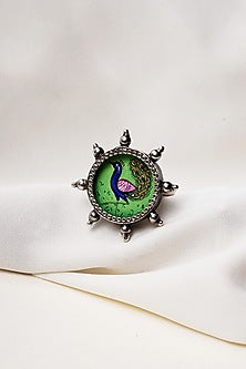 Oxidised Finish Hastkala Hand Painted Mayur Adjustable Ring In Sterling Silver
