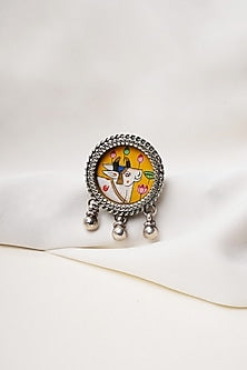 Oxidised Finish Hastkala Hand Painted Cow Adjustable Ring In Sterling Silver