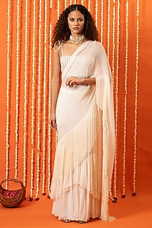 Ivory Georgette Fringed Pre-Stitched Saree Set