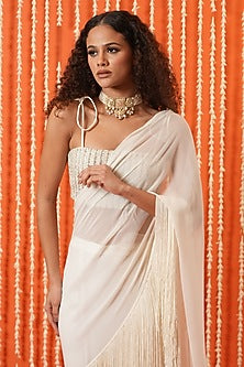 Ivory Georgette Fringed Pre-Stitched Saree Set