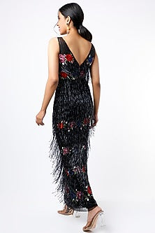 Black Tulle Gown With Fringes