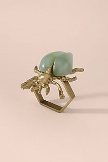 Brown Brass & Jade Stone Napkin Ring Set