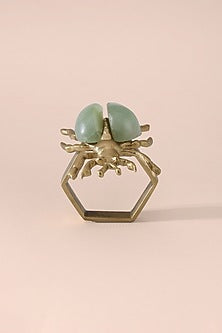 Brown Brass & Jade Stone Napkin Ring Set